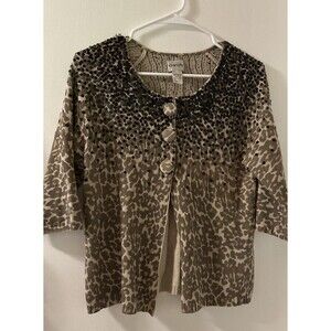 Chico's Women's Leopard Print 3 Button Front Tan Cardigan SZ 0 BLK Rhinestones